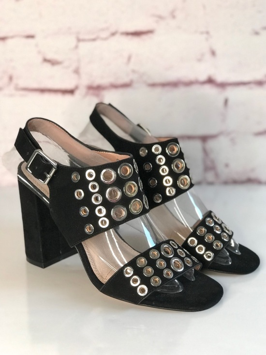 TOPSHOP Shoes - TOPSHOP Black Suede Silver Grommet Block Heel Ankle Strap Slingback Heel NWT 9.5